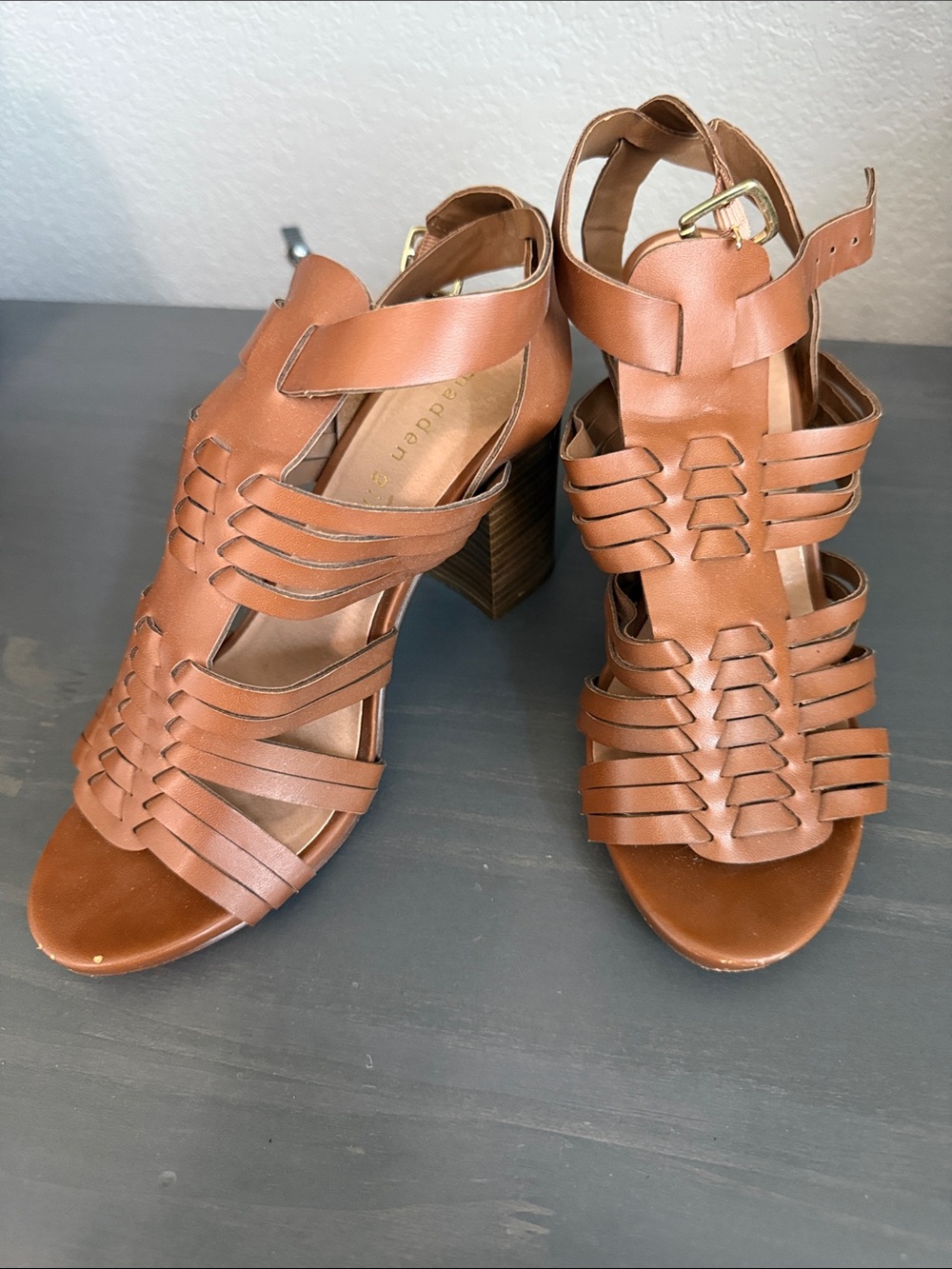 Madden Girl Brown Woven Strappy Block Heel Sandals